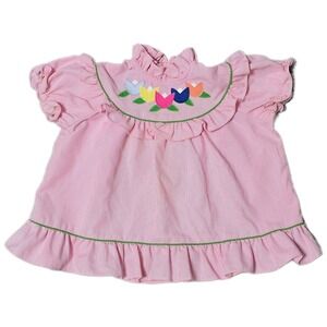 Vintage Seersucker Dress Ruffle Collar Tulip Applique Pink Striped Baby Girl (X)